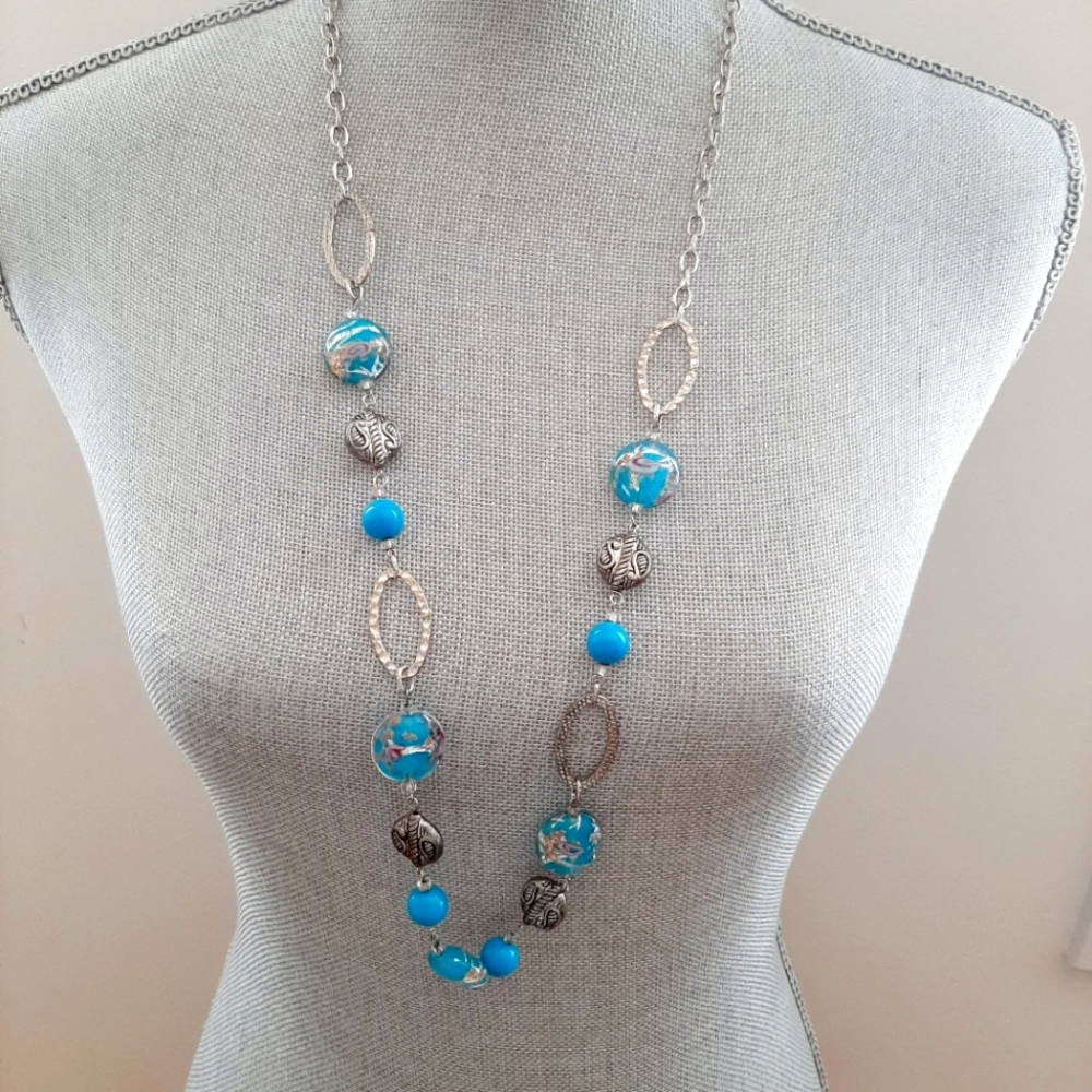 Long Silver Beaded Necklace